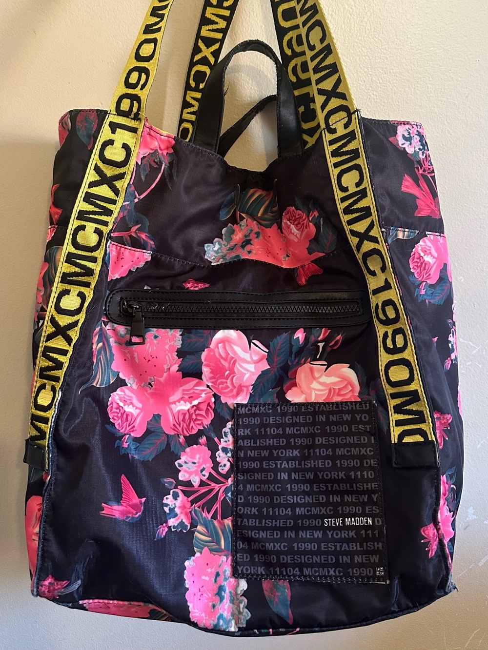 Steven Madden REVERSIBLE Floral Black & Pink/Yellow Tote with Bold Yellow Straps